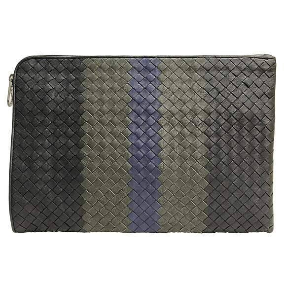 Bottega Veneta Handbags - Bottega Veneta Intrecciato Mens Clutch Bag Black Khaki Navy